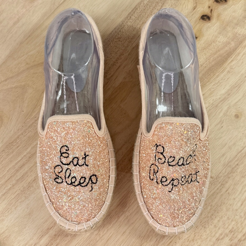 ASOS Glitter Eat Sleep Beach Repeat Espadrille Slip On Loafer  Peach‎ Size 6